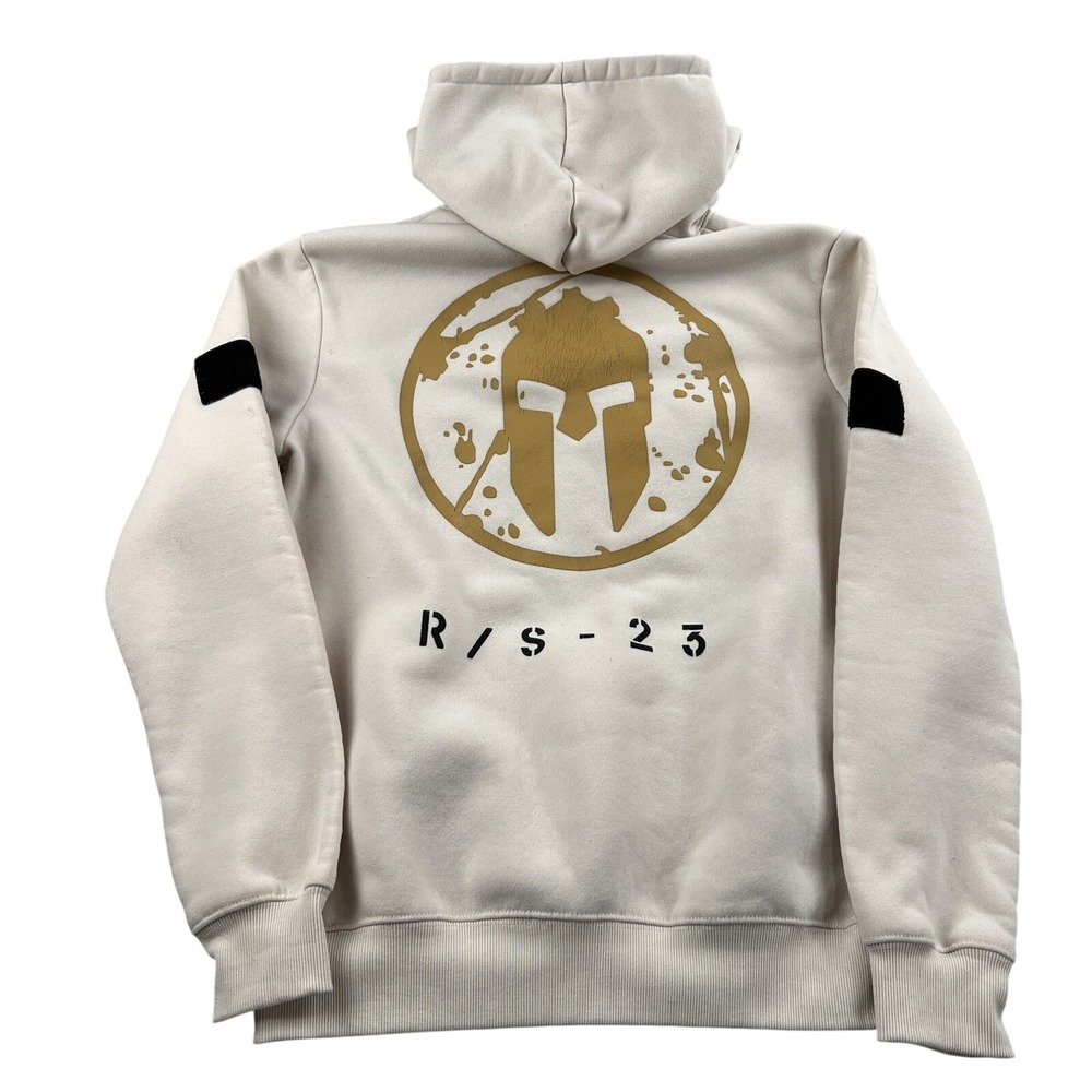 Spartan Race Graphic Fleece Hoodie S Beige Men Athletic Gym Pullover Sweatshirt